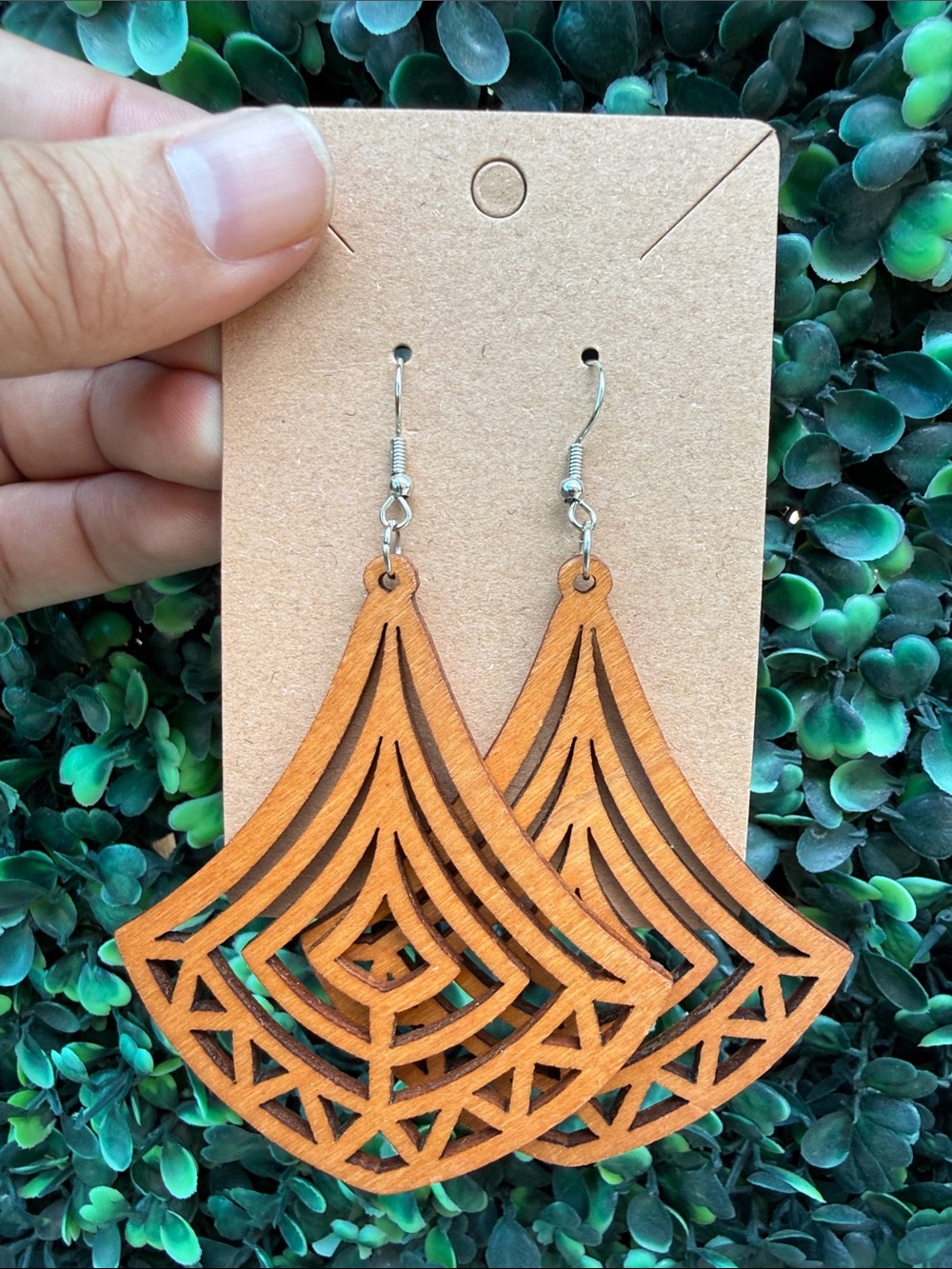Hand Crafted Wooden Laser-Cut Fan Drop Earrings